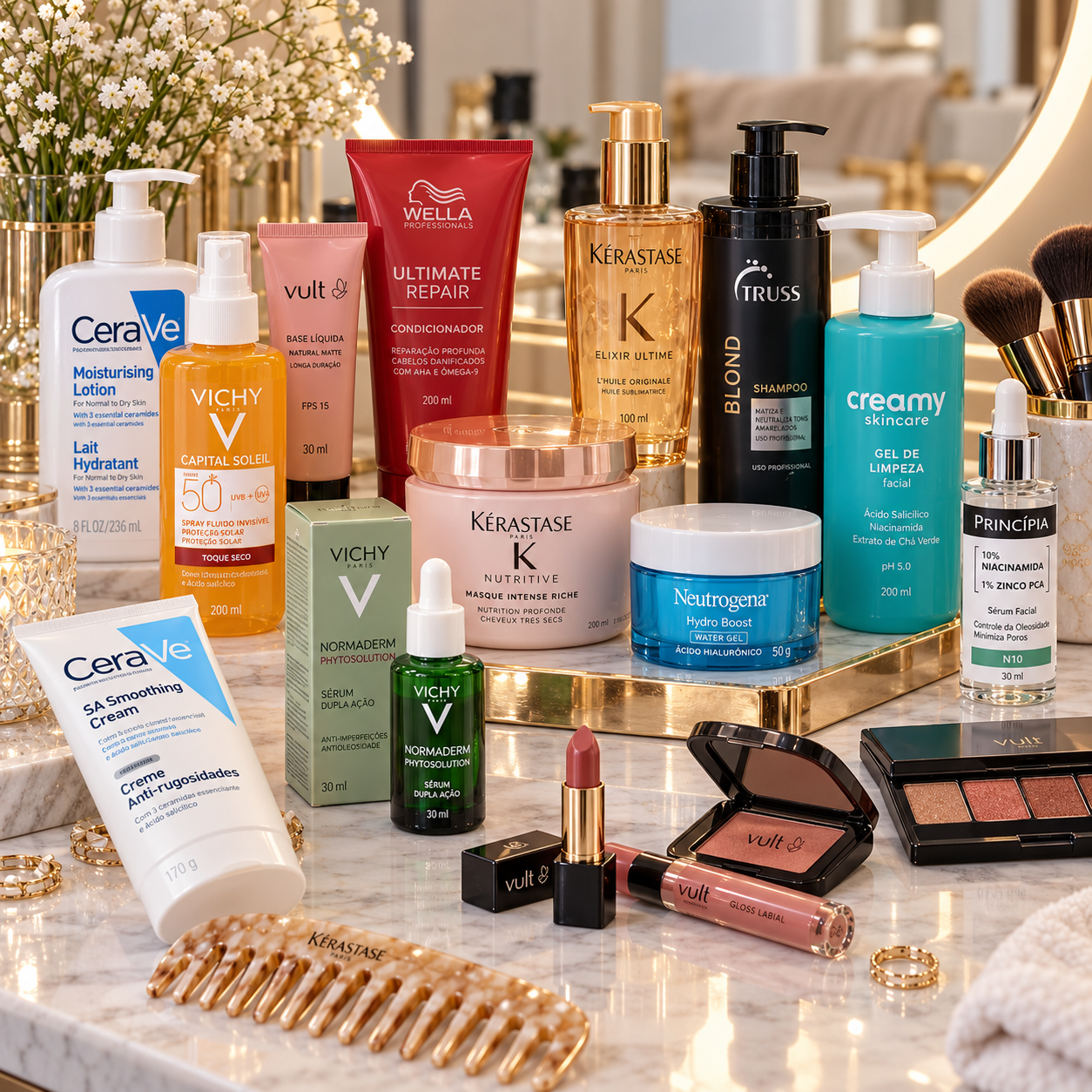 Bancada sofisticada com produtos de beleza e autocuidado